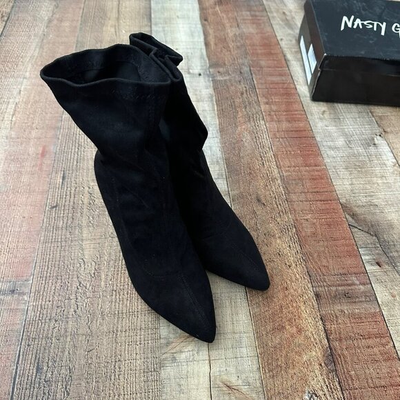 Nasty Gal Black Faux Suede Block Heel Pointed Toe Sock Boots Size 6 - Picture 8 of 12